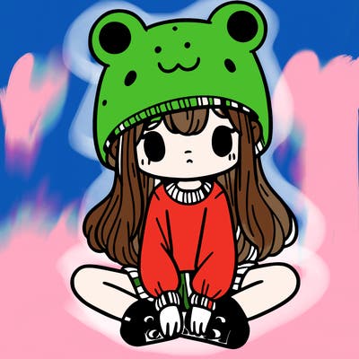 a girl wearing a frog hat and some frog socks