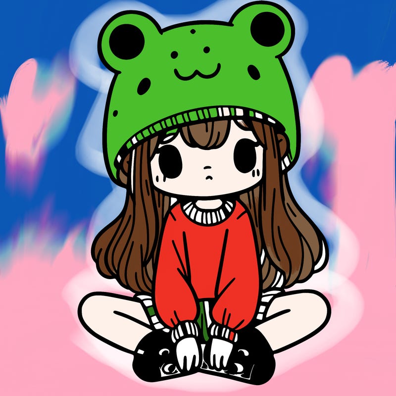 a girl wearing a frog hat and some frog socks