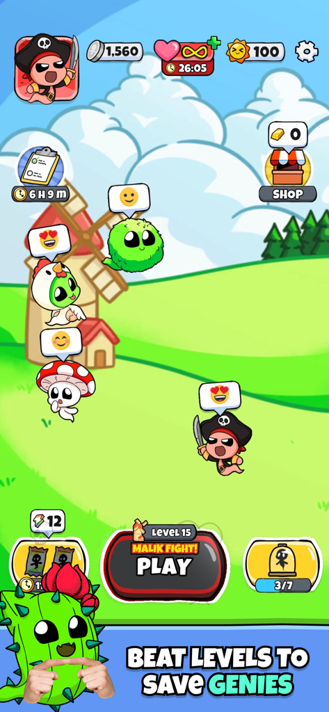 Christophers Genie - A gameplay screen from the Christophers Genie app showing various cartoon characters on a green field with a Level 15 Malik Fight play button.