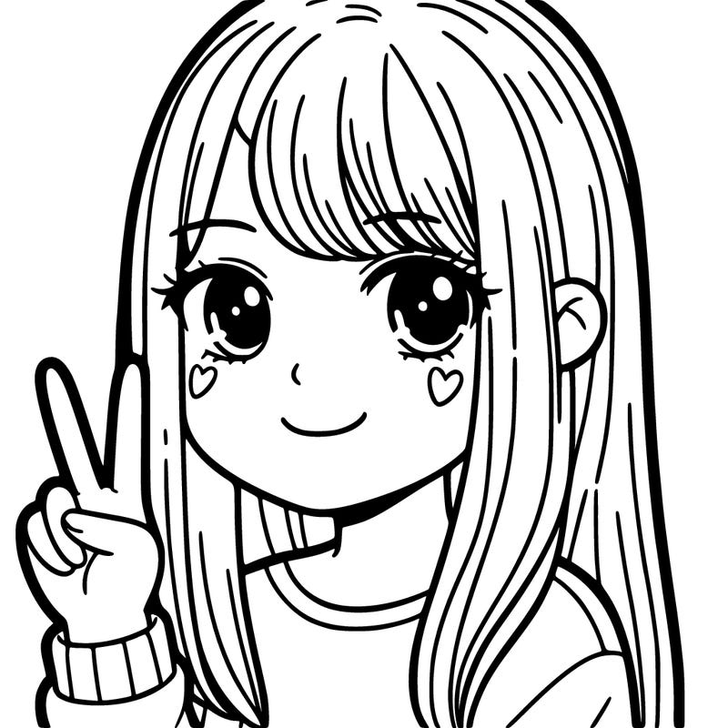 a girl with straight hair doing a peace sign with her hand