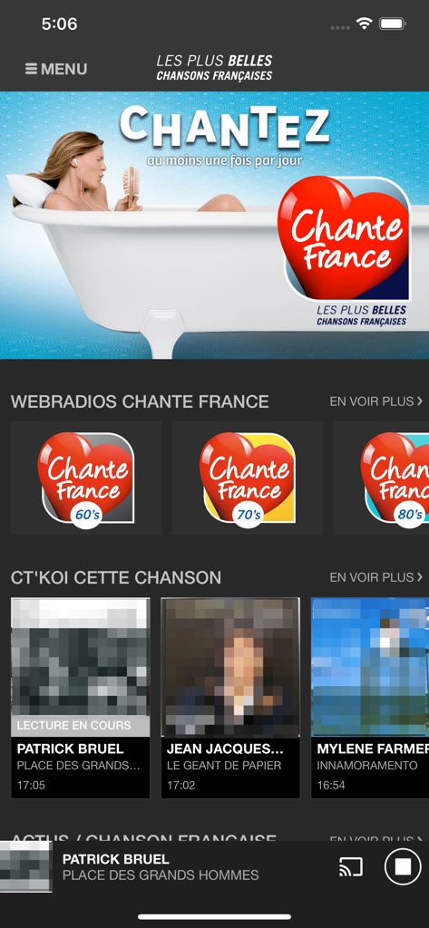 Main screen of the Chante France mobile app showing various French radio stations and the song identification feature.