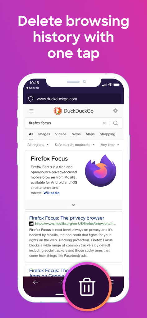 Firefox Focus: Privacy browser - Interfaz móvil de Firefox Focus con un icono de papelera destacado para borrar el historial de navegación en un toque.