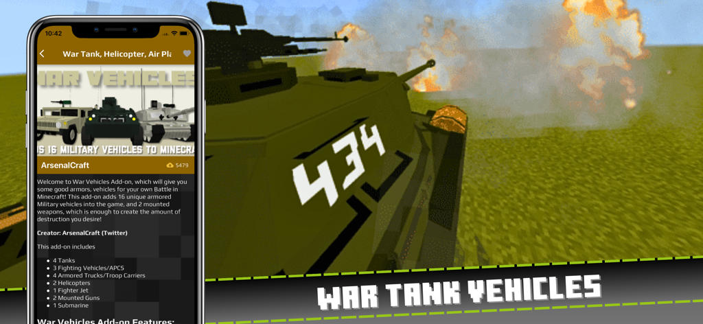 Actual Gun Addon for Minecraft - Ein Screenshot einer mobilen App, der einen Minecraft-Mod für militärische Kriegspanzerfahrzeuge mit einer 3D-Panzervorschau zeigt