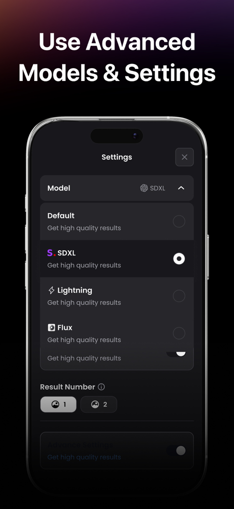 Interface de l'application Wonder AI montrant les paramètres de sélection de modèles avancés avec des options telles que SDXL Flux et Lightning