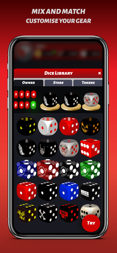 Phone Dice - Écran de l'application Phone Dice montrant une bibliothèque de dés 3D personnalisables avec des designs de style rue