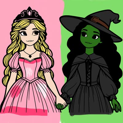 a princess and a witch holding hands realistic