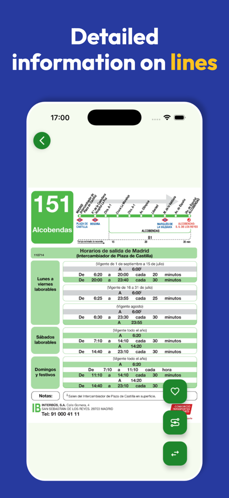 Madrid Metro Bus Cercanias - Pantalla de smartphone mostrando horarios detallados e información de ruta para una línea de autobús de Madrid.