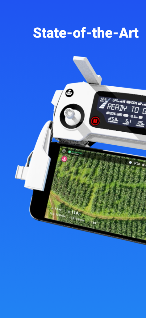 DroneDeploy app displaying an aerial field map on a smartphone attached to a drone remote controller