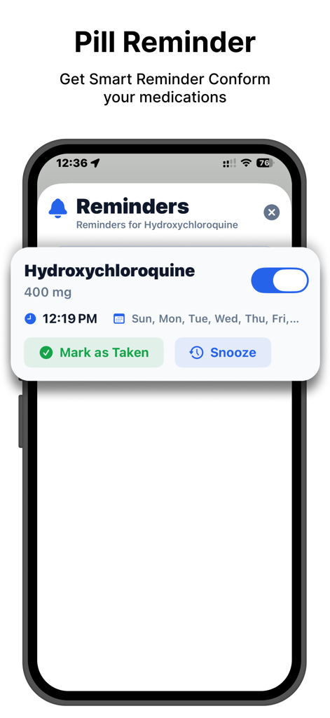 Uma tela de aplicativo móvel mostrando uma notificação de lembrete de pílula para Hidroxicloroquina com opções para marcar como tomada ou adiar.