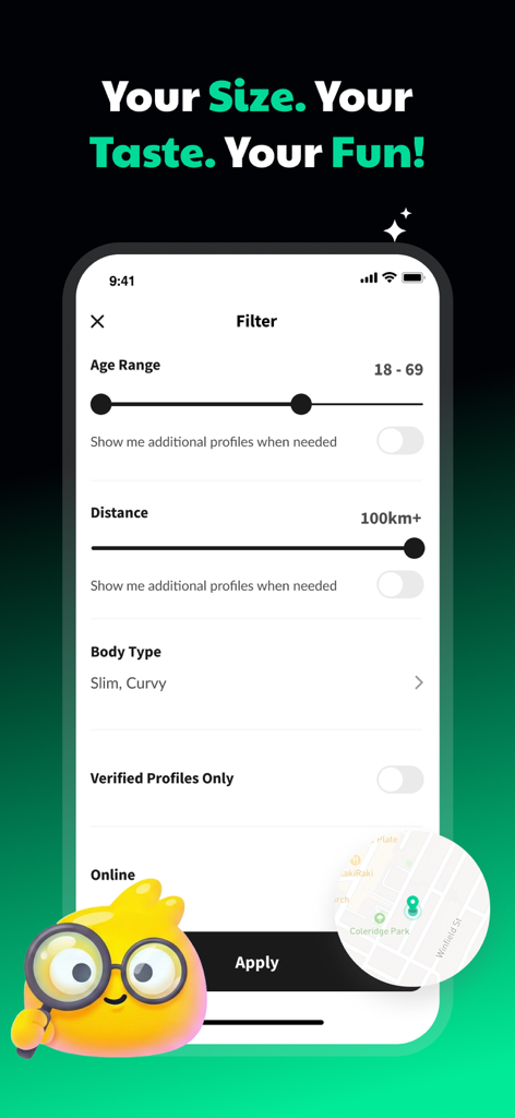 BBW Dating & Curvy Meet: Bustr - Bustr dating app filter screen showing search preferences for age distance and body type