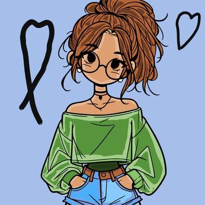 girl with a messy ponytail glasses a baggy crop top and jean shorts