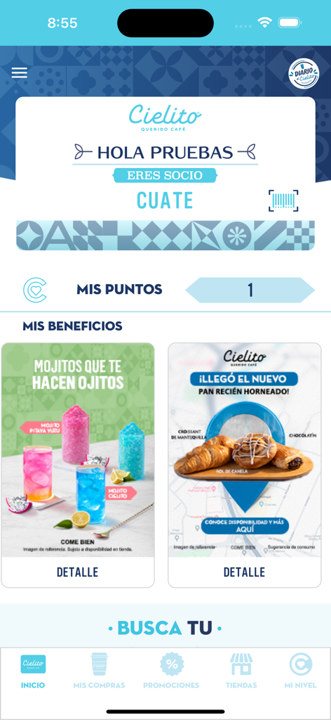 Cielito Querido - The home screen of the Cielito Querido mobile app showing the user point balance and promotional coffee and food benefits.