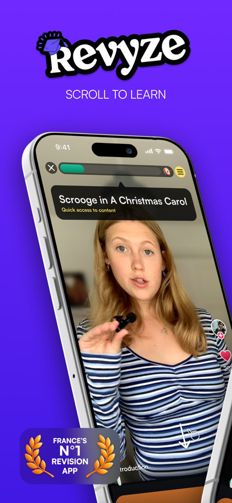 A mobile app interface showing a student-led video lesson about Scrooge in A Christmas Carol on Revyze
