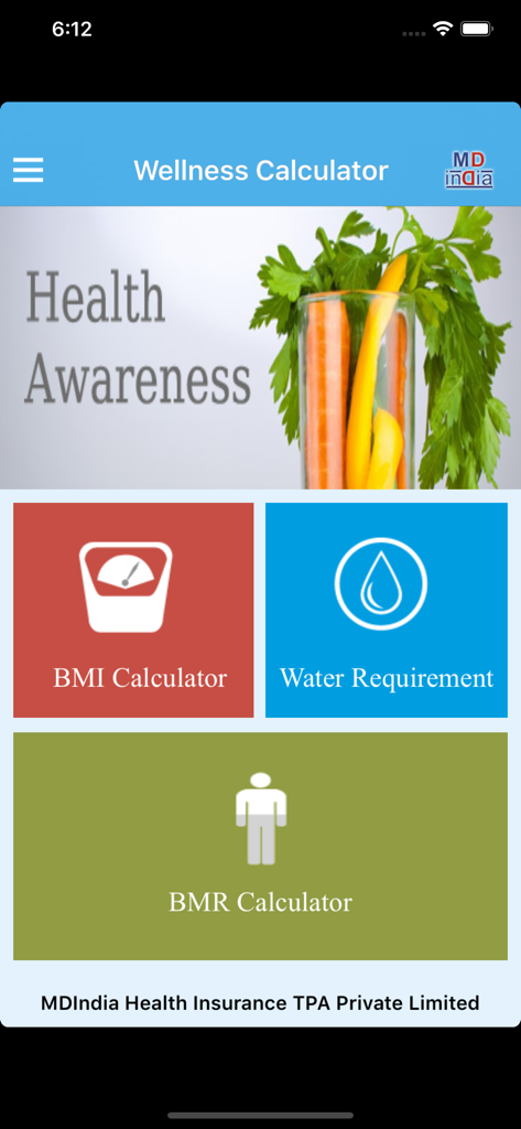 MDIndia – Hawk - MDIndia Hawk app wellness calculator screen showing BMI calculator water requirement and BMR calculator buttons