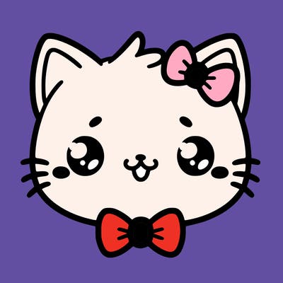 kawaii cat with a bow tie hanging from his ear
