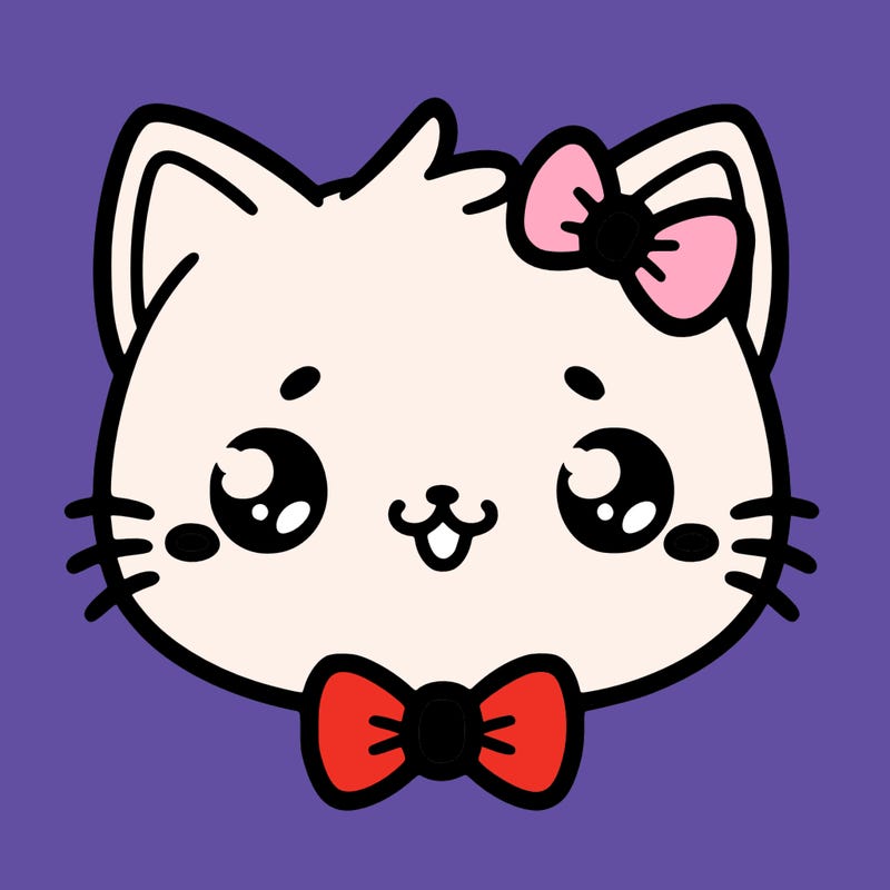 kawaii cat with a bow tie hanging from his ear