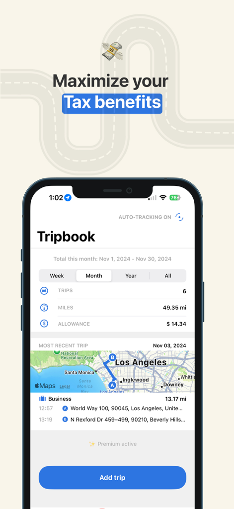 Tripbook mobile app interface displaying automatic mileage tracking and business trip statistics for tax deductions
