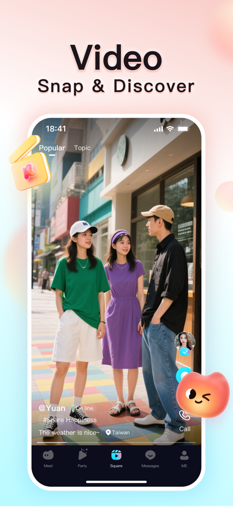 ByMe -Stand by Me! - Interfaz de la aplicación ByMe que muestra funciones de descubrimiento de video e interacción social.