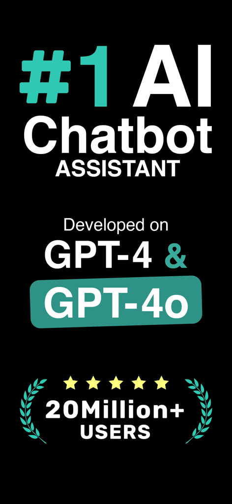PocketAI promotional screen showing number 1 AI Chatbot Assistant developed on GPT-4 and GPT-4o with 20 million users