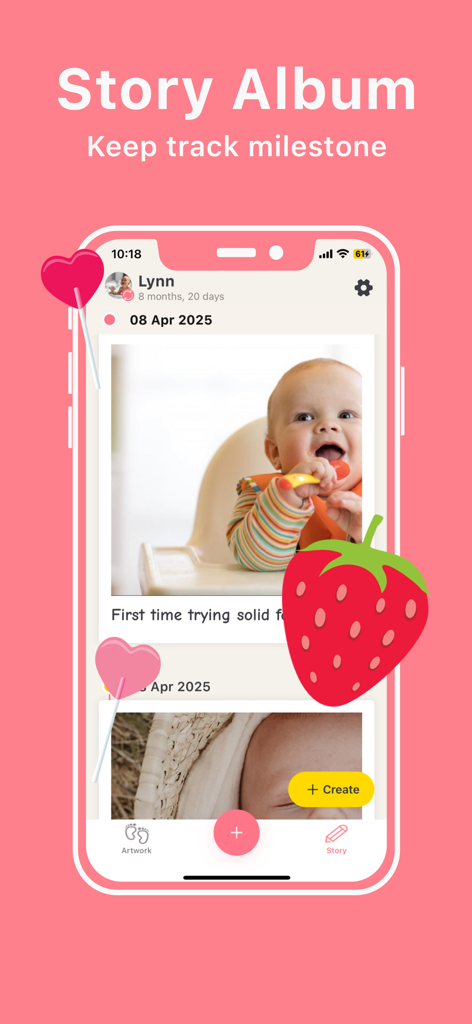 Baby Art: Baby Photo Editor - Interfaz de aplicación móvil mostrando una línea de tiempo de fotos de bebé y un rastreador de hitos en el editor de fotos Baby Art