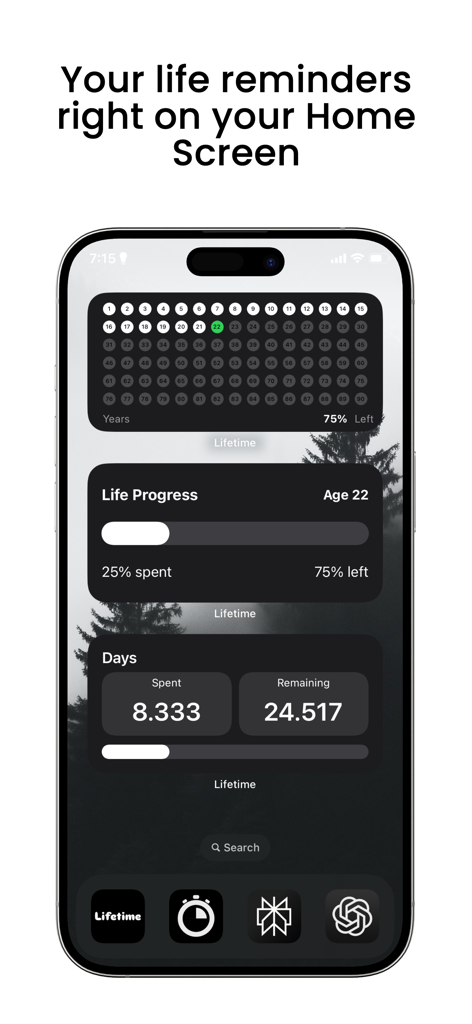 Lifetime: Life Progress - iPhone-Startbildschirm, der mehrere Lifetime-App-Widgets mit Lebensfortschritts- und verbleibenden Zeitangaben anzeigt