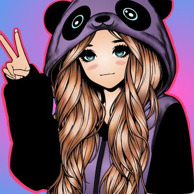 realistic girl with long hair wearing red panda onesie hold up the peace sign