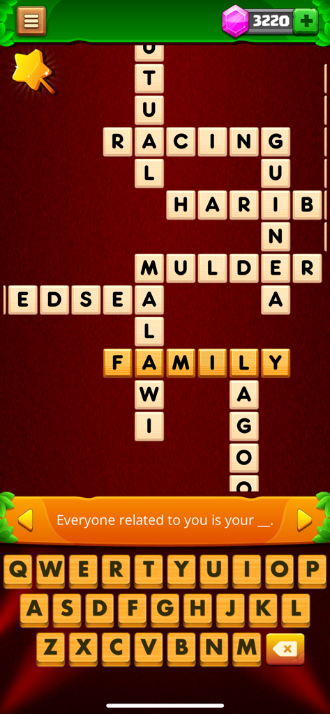 Crossword Master - Word Link - Crossword Master mobile game screen showing a crossword puzzle grid and a letter keyboard.