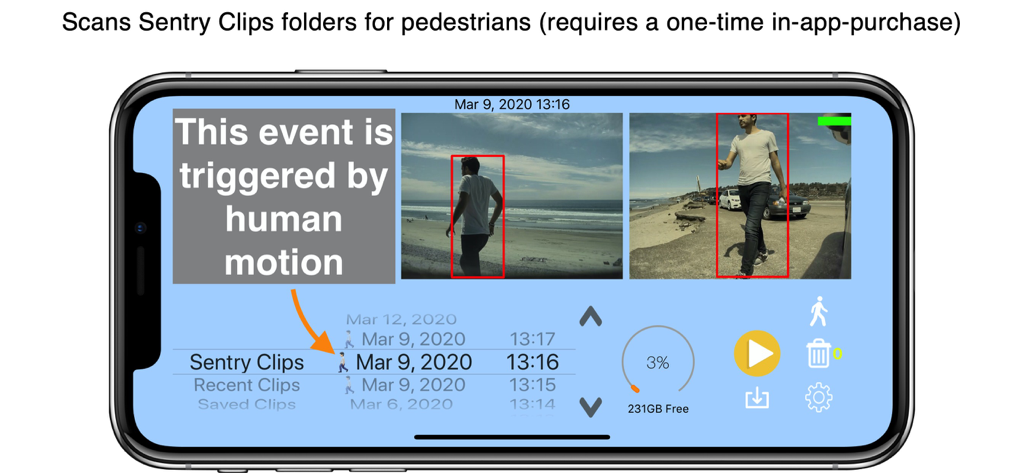 Interface do aplicativo SentryView mostrando detecção de movimento humano em clipes de segurança Tesla