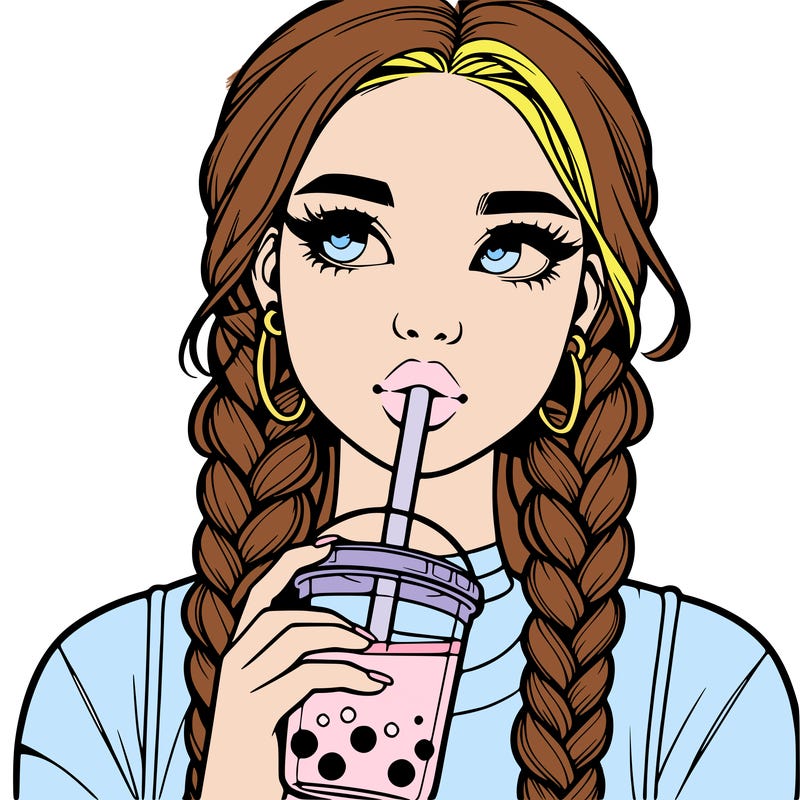 realistic girl with braided hair drinking boba