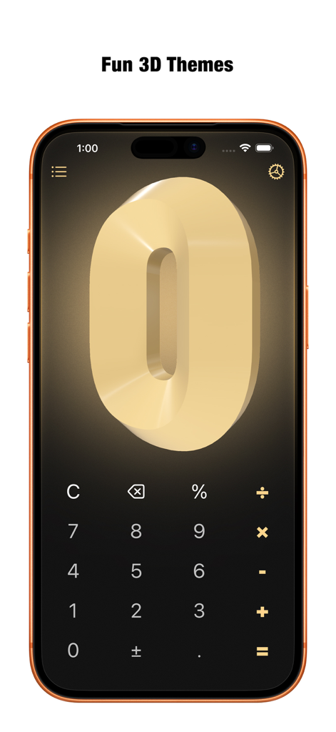 Calculator DE - A screenshot of Calculator DE app showing a fun 3D gold zero on a dark designer interface