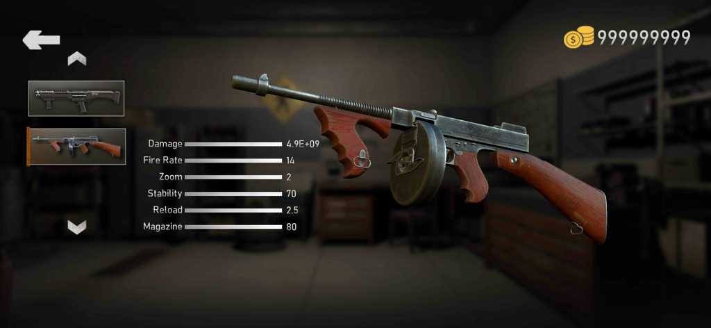 Zombie War - The Last Survivor - In game weapon selection menu for Zombie War showing a Thompson submachine gun with detailed stats for damage and fire rate