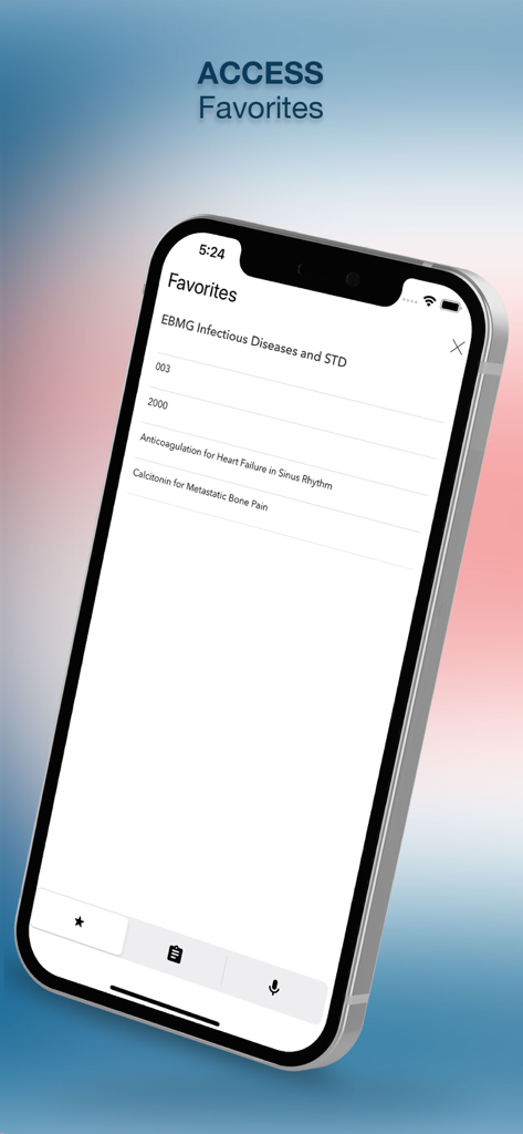 Evidence Based Medicine Guide - Smartphone screen showing the favorites section of the Evidence Based Medicine Guide app with clinical guidelines bookmarked