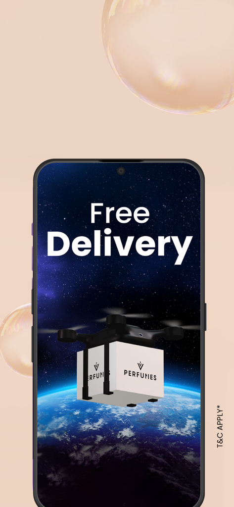 V Perfumes:Buy Perfumes Online - V Perfumes app promotional screen advertising free delivery with a drone carrying a package over a space background.