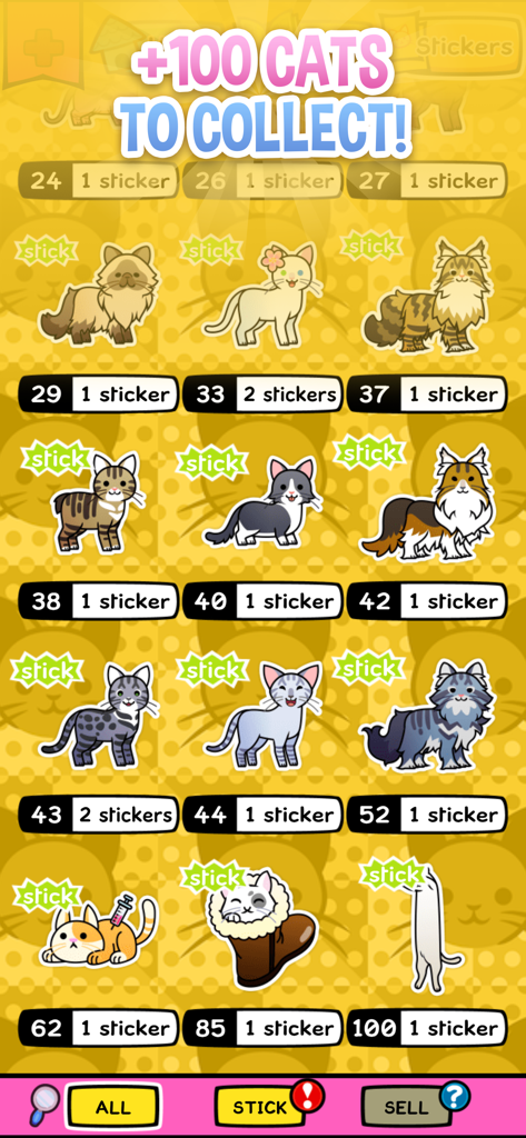 My Cat Album: Pet Sticker Game - Uma coleção de várias figurinhas de gatos de desenho animado e raças no inventário do jogo Meu Álbum de Gatos.