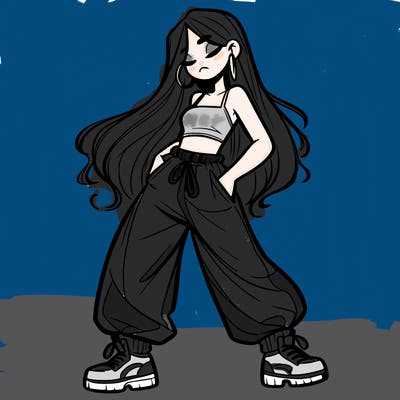 girl in baggy pants crop top and long hair