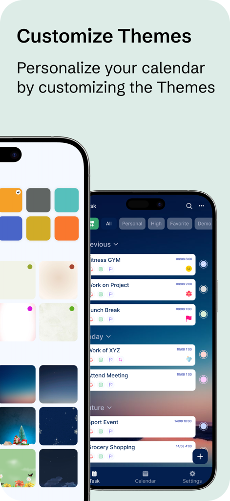 To-Do List - Schedule Planner - Screenshots der To-Do Liste App, die verschiedene Farbthemen und ästhetische Hintergründe zur Personalisierung des Terminplaners zeigen