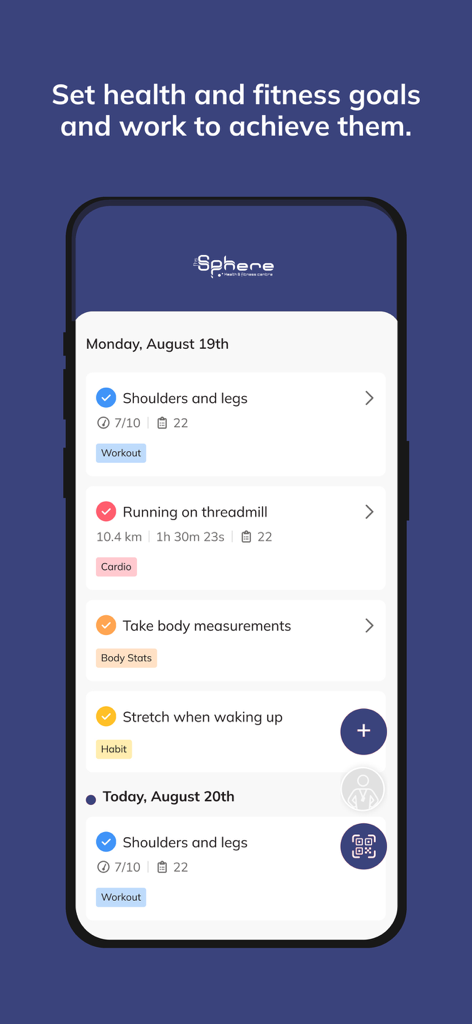 Sphere Fitness App - Una interfaz móvil de la aplicación Sphere Fitness que muestra un horario diario de entrenamientos, sesiones de cardio, mediciones corporales y seguimiento de hábitos.