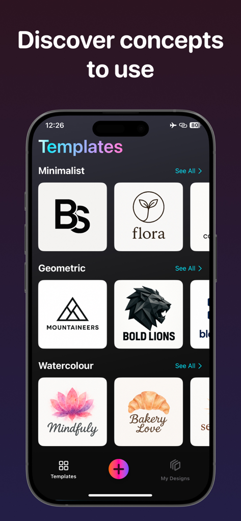 AI Logo Maker & Logo Creator - KI Logo-Ersteller App-Bildschirm, der verschiedene minimalistische und geometrische Logo-Vorlagen zeigt