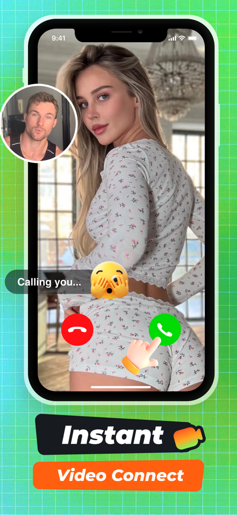 Fiber - Live Call, Meet Girl - A mobile interface for the Fiber app showing an incoming live video call with a woman and an option to connect.