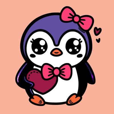 cute penguin with bow tie holding heart