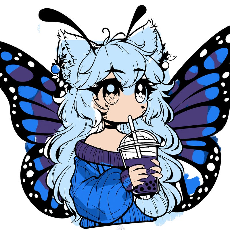 a realistic butterfly/furry girl drinking boba