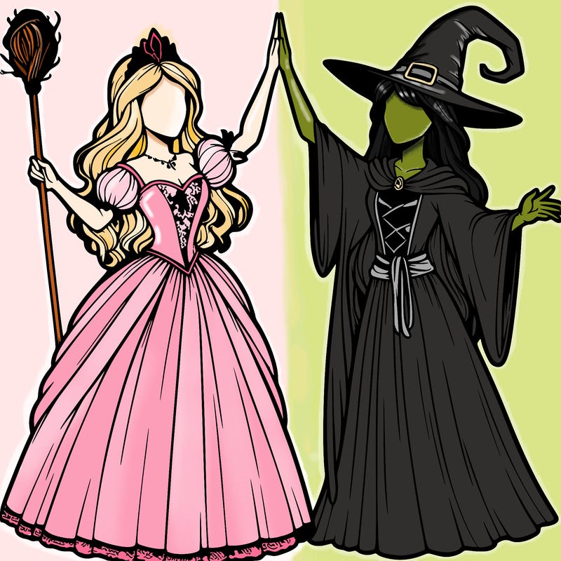 detailed realistic split of a princess and a witch