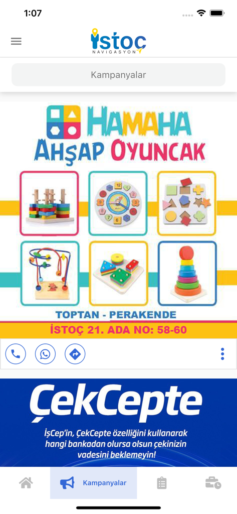 Campaigns page of the ISTOC Navi app featuring a wholesale advertisement for wooden toys