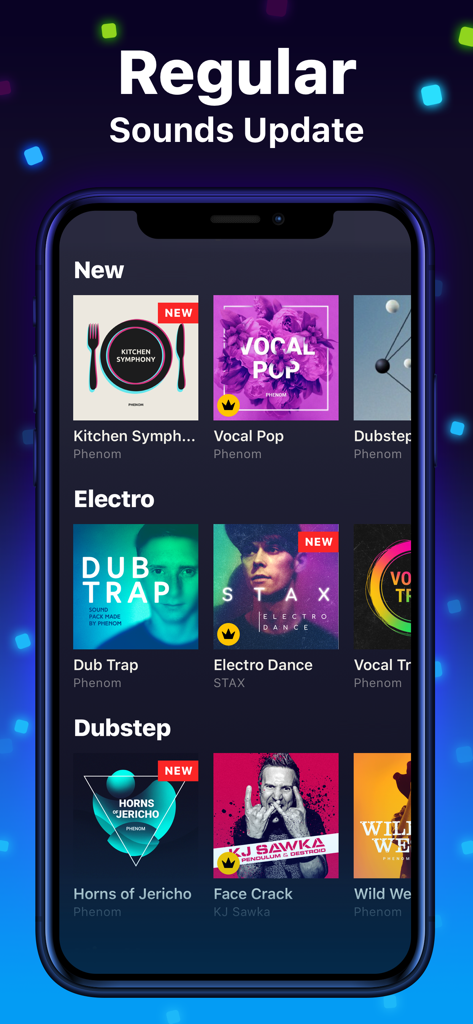 Smartphone screen displaying the Drum Pad Machine app sound pack library with categories like Electro and Dubstep
