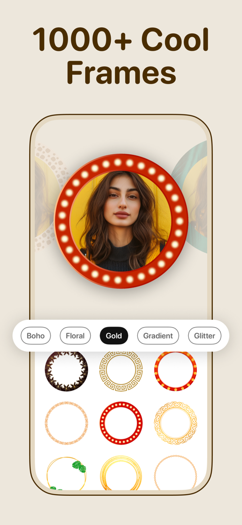 Profile picture maker - ProPic - Interface of ProPic app showing a profile picture with a red marquee light border and various designer frame categories