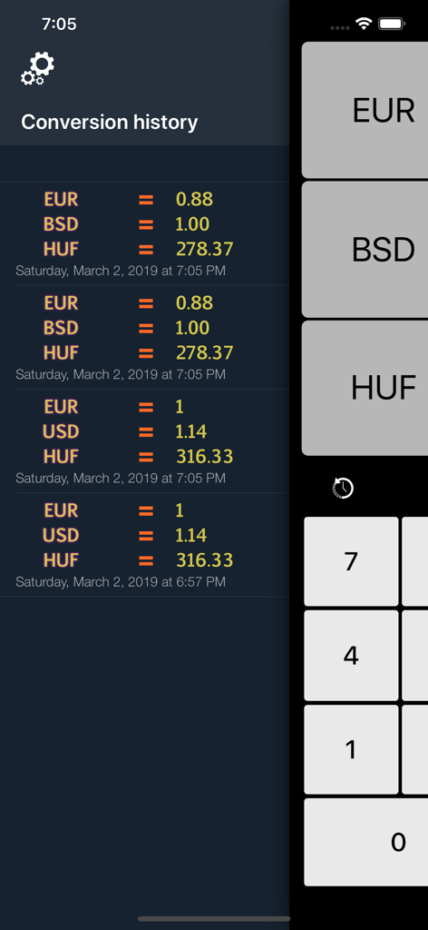 iCurrency Exchange Pro - A conversion history screen showing a log of previous currency exchange rates for EUR, BSD, and HUF with dates and timestamps.