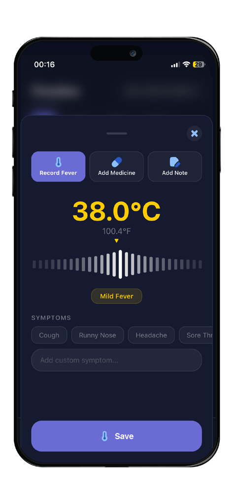 Fevly - A screenshot of the Fevly app interface showing a fever recording screen with a temperature of 38.0 degrees Celsius and symptom selection chips.