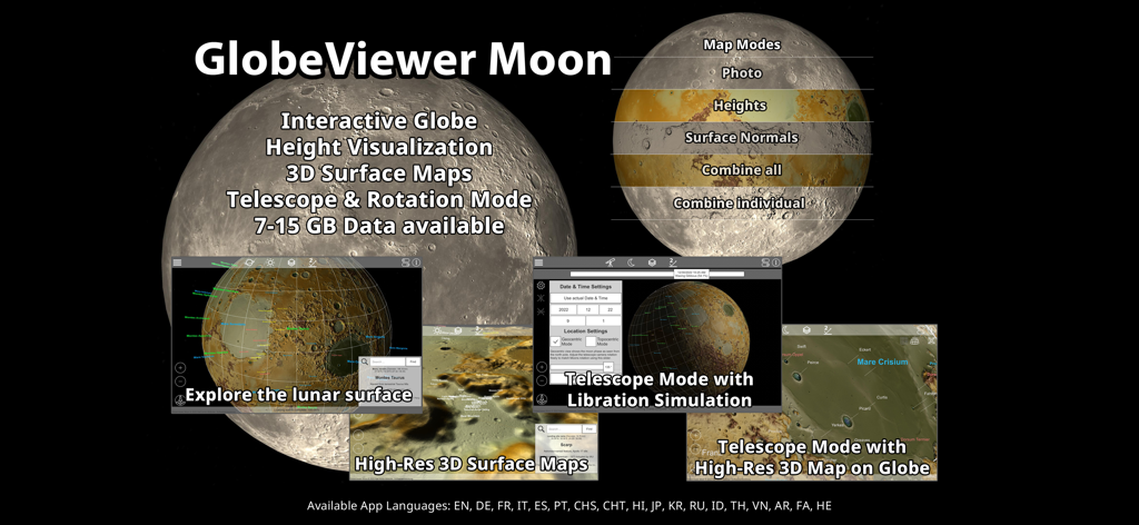 GlobeViewer Moon PRO - Overview of GlobeViewer Moon PRO app features including 3D surface maps and telescope mode