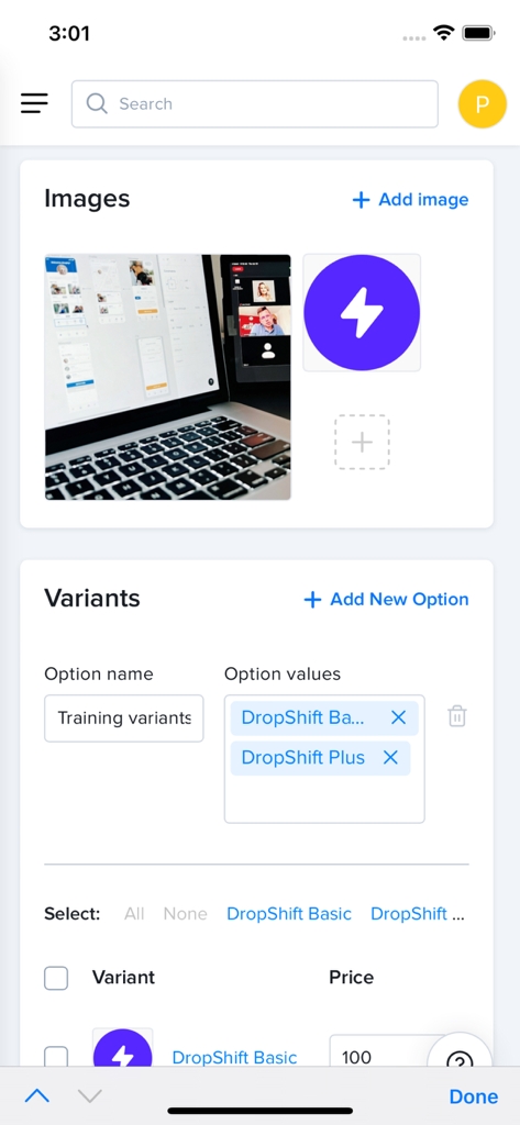 Lightfunnels - Lightfunnels Mobile-Oberfläche zur Einrichtung von Produktvarianten und zum Hochladen von Bildern
