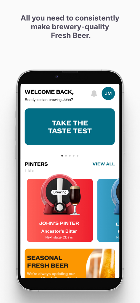 Pinter App - Schermata principale dell'app Pinter che mostra lo stato attuale della produzione di una birra artigianale e le opzioni di degustazione